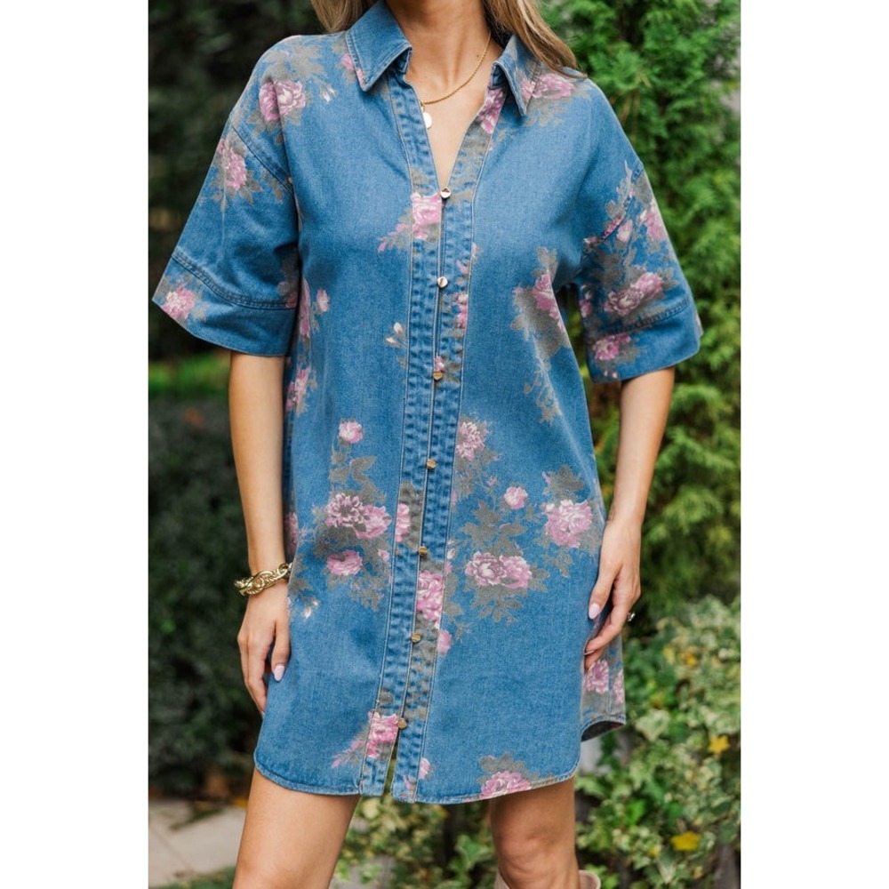 Entro Floral Denim Shirt Dress Blue Pink Rose Gold Button Front Short Sleeve L